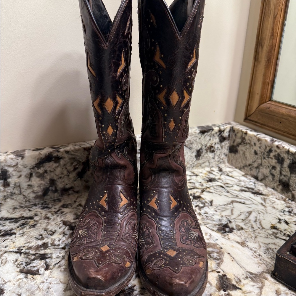 Lucchese Brown and Tan Heeled Boots - Picture 2 of 10